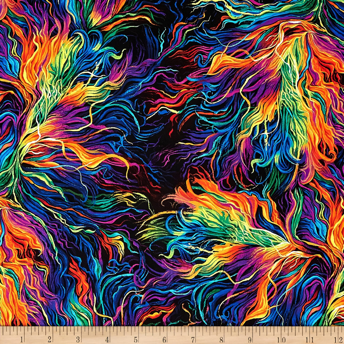 Swirling rainbow horse mane blender orange red pink purple blue green yellow black background digital print fabric for horse quilts feature backgrounds bags and bold patchwork sewing projects