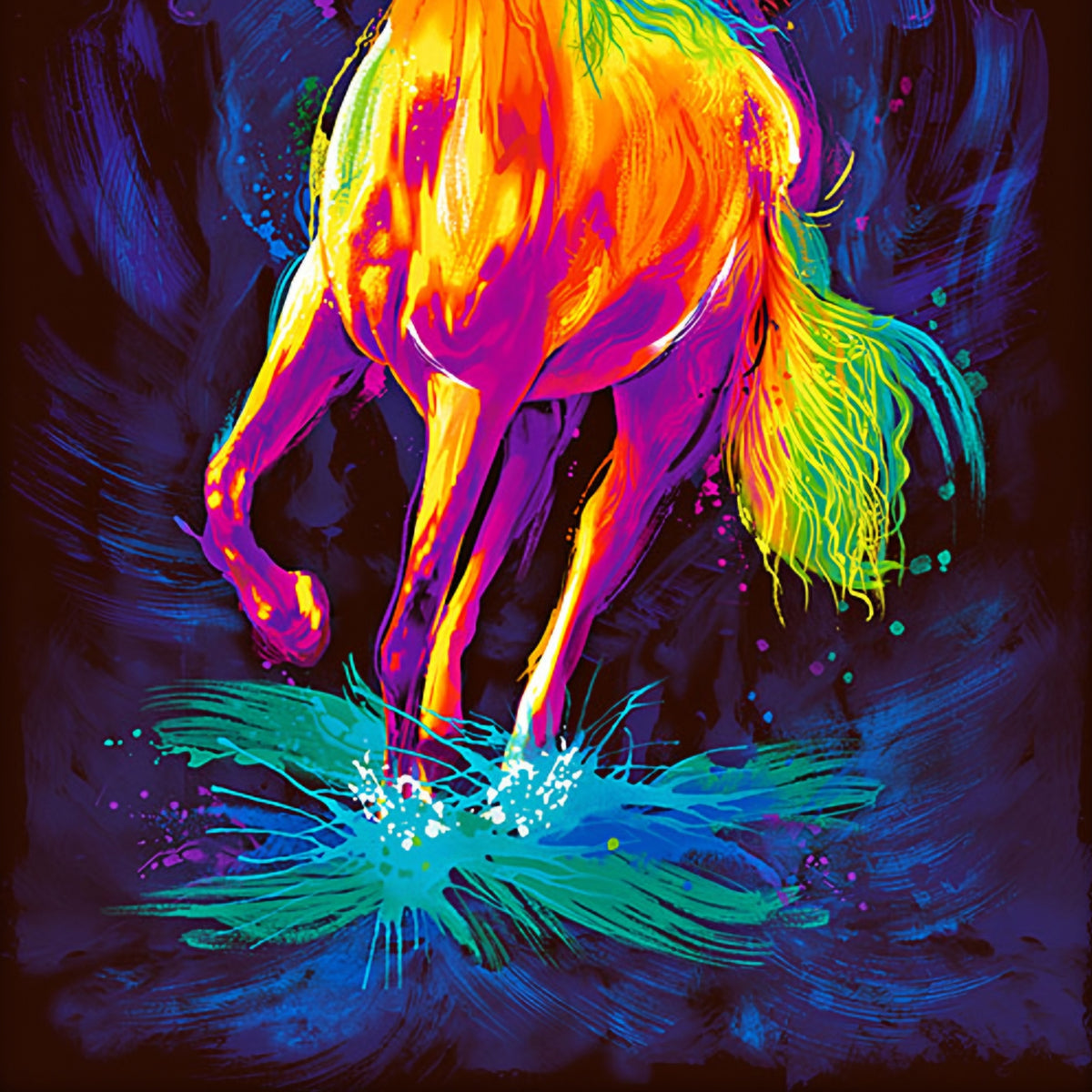 Neon rainbow rearing horse panel orange yellow pink purple blue green flowing mane teal paint splatter midnight blue background digital print for horse quilts and wall hangings