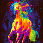 Neon rainbow rearing horse panel orange yellow pink purple blue green flowing mane teal paint splatter midnight blue background digital print for horse quilts and wall hangings