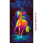 Neon rainbow rearing horse panel orange yellow pink purple blue green flowing mane teal paint splatter midnight blue background digital print for horse quilts and wall hangings