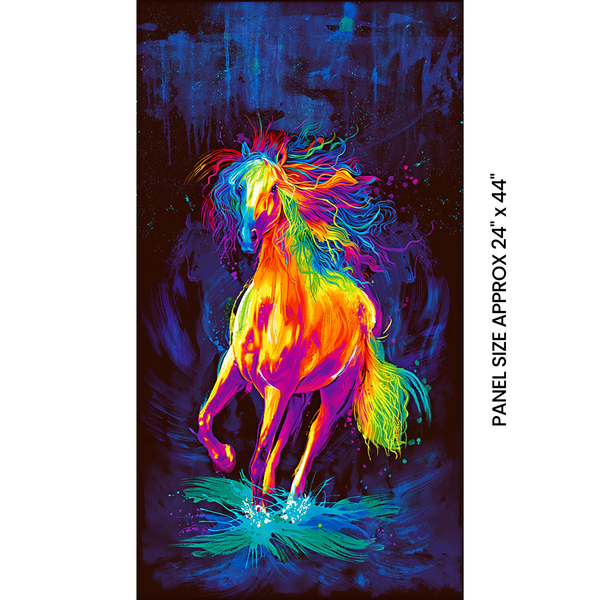 Neon rainbow rearing horse panel orange yellow pink purple blue green flowing mane teal paint splatter midnight blue background digital print for horse quilts and wall hangings