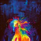 Neon rainbow rearing horse panel orange yellow pink purple blue green flowing mane teal paint splatter midnight blue background digital print for horse quilts and wall hangings