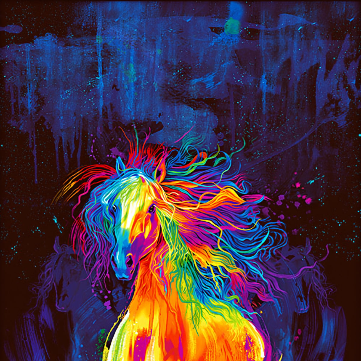 Neon rainbow rearing horse panel orange yellow pink purple blue green flowing mane teal paint splatter midnight blue background digital print for horse quilts and wall hangings