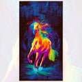 Neon rainbow rearing horse panel orange yellow pink purple blue green flowing mane teal paint splatter midnight blue background digital print for horse quilts and wall hangings