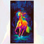 Neon rainbow rearing horse panel orange yellow pink purple blue green flowing mane teal paint splatter midnight blue background digital print for horse quilts and wall hangings