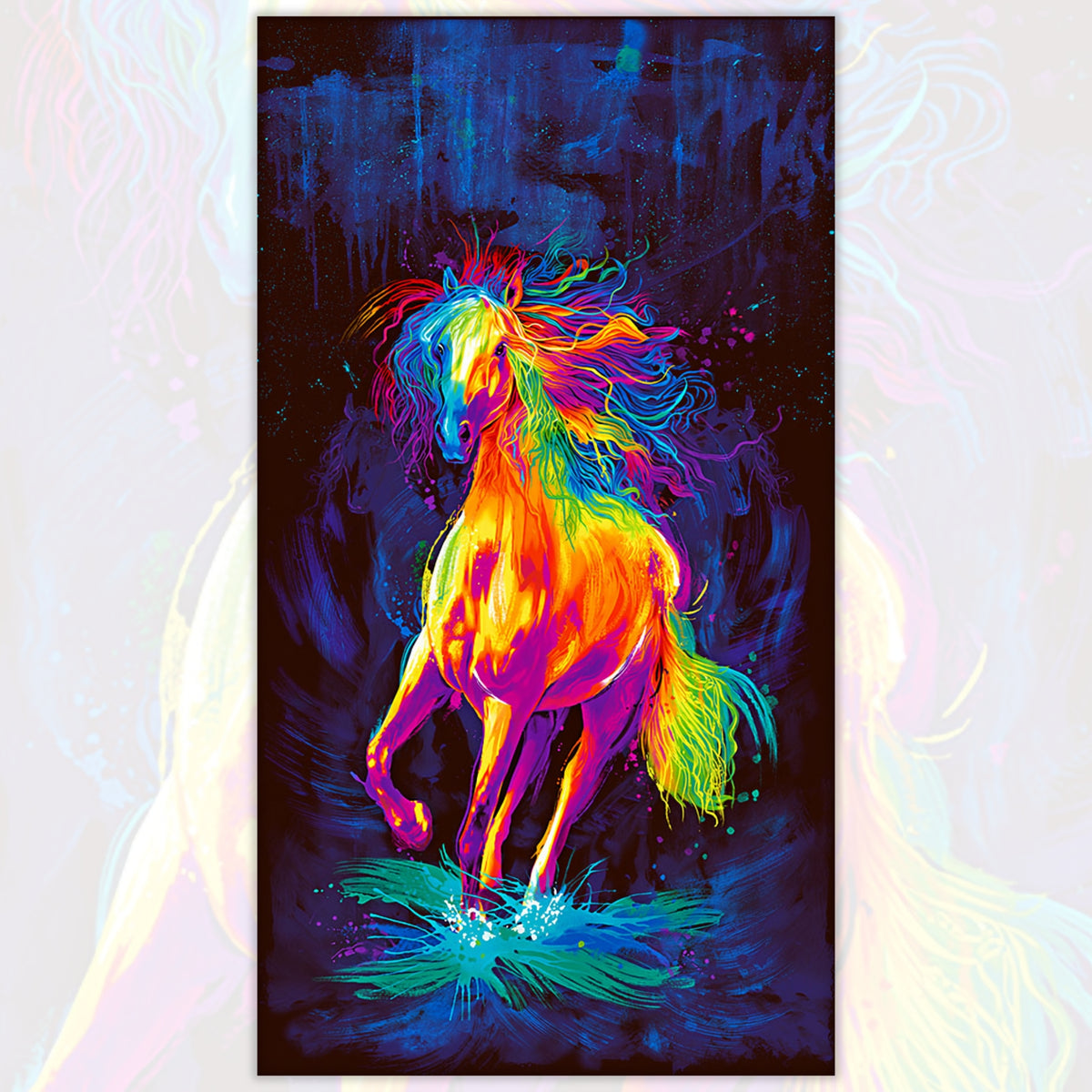 Neon rainbow rearing horse panel orange yellow pink purple blue green flowing mane teal paint splatter midnight blue background digital print for horse quilts and wall hangings