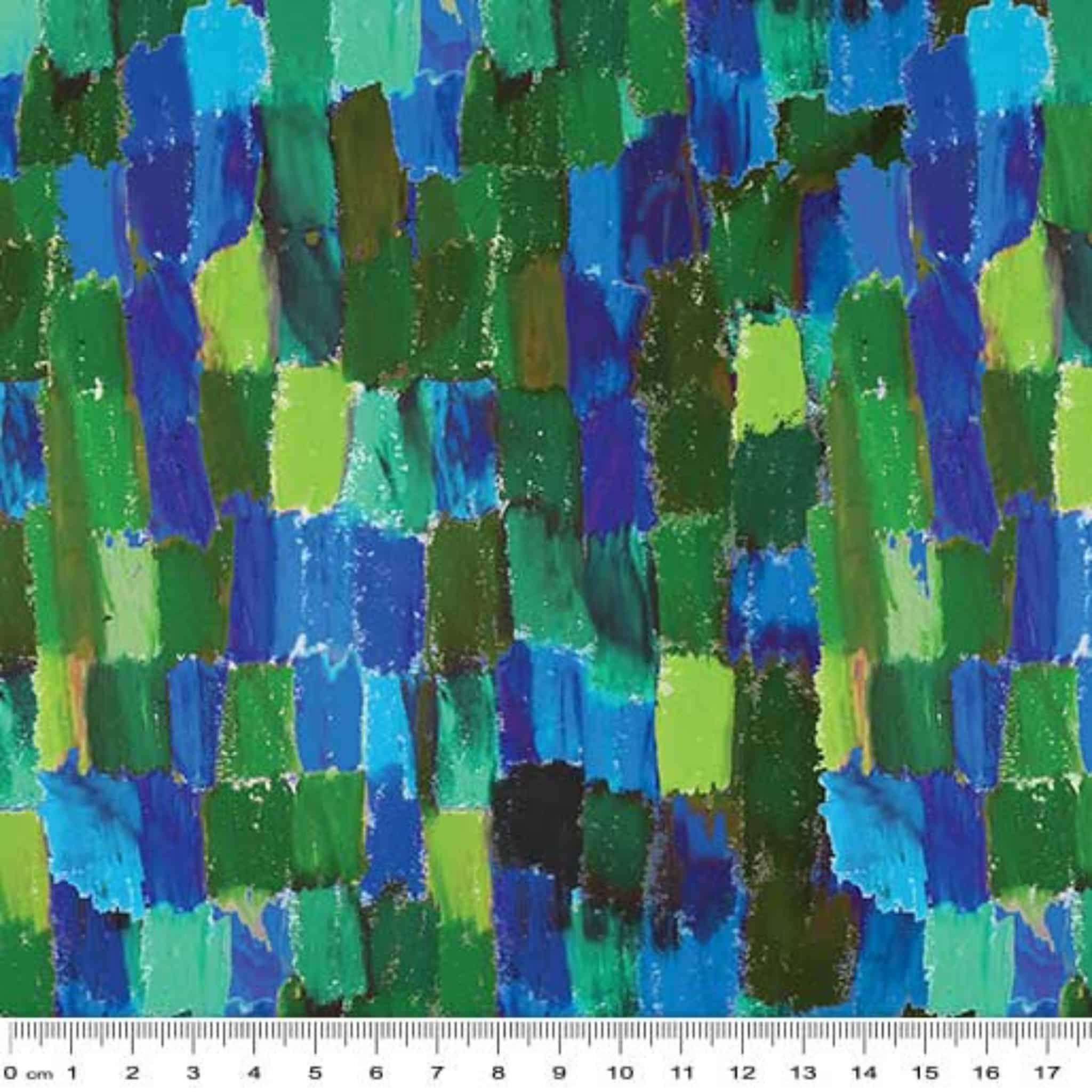 Painterly brushstroke fabric in green, blue and aqua tones creating an artistic textured blender for quilting