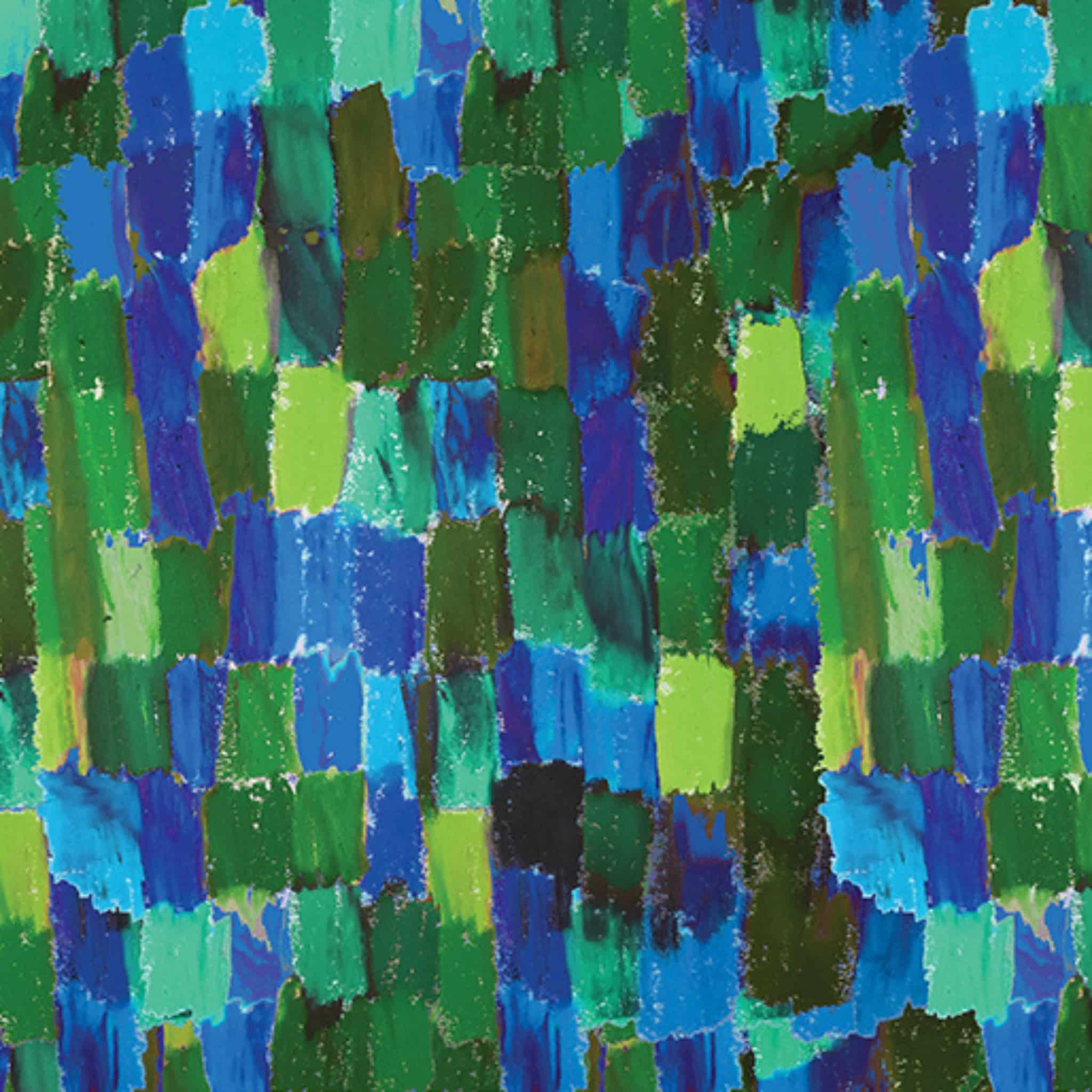 Painterly brushstroke fabric in green, blue and aqua tones creating an artistic textured blender for quilting