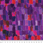 Painterly brushstroke fabric in purple, pink and red tones creating an artistic textured blender for quilting