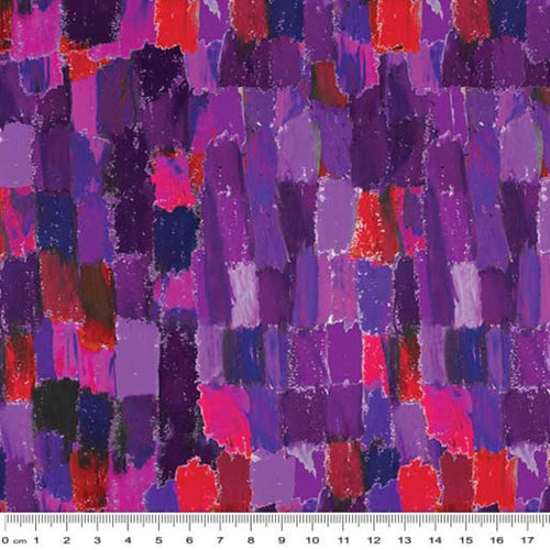 Painterly brushstroke fabric in purple, pink and red tones creating an artistic textured blender for quilting