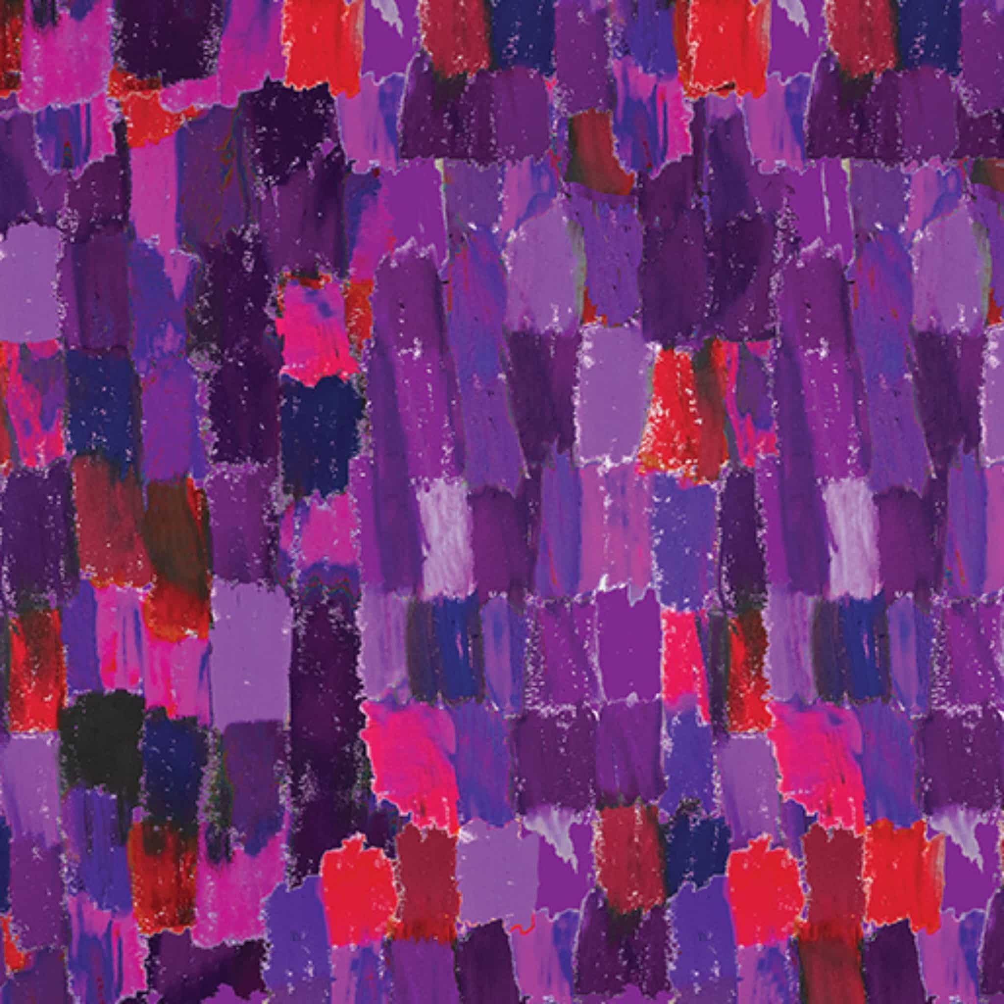Painterly brushstroke fabric in purple, pink and red tones creating an artistic textured blender for quilting