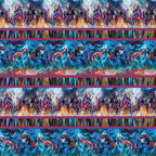 Watercolour horses stripe fabric turquoise red purple multicolour brushstrokes fabric for horse-themed quilts borders and cushions