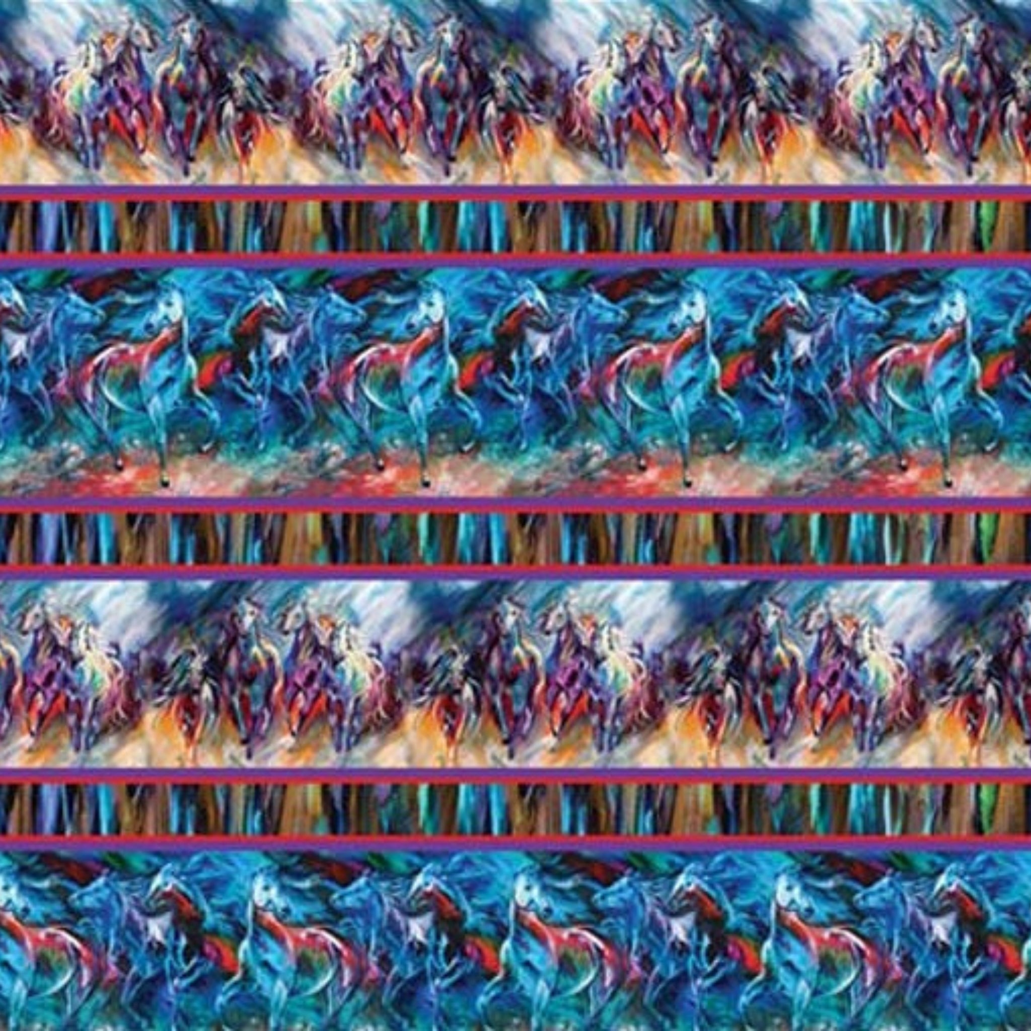 Watercolour horses stripe fabric turquoise red purple multicolour brushstrokes fabric for horse-themed quilts borders and cushions