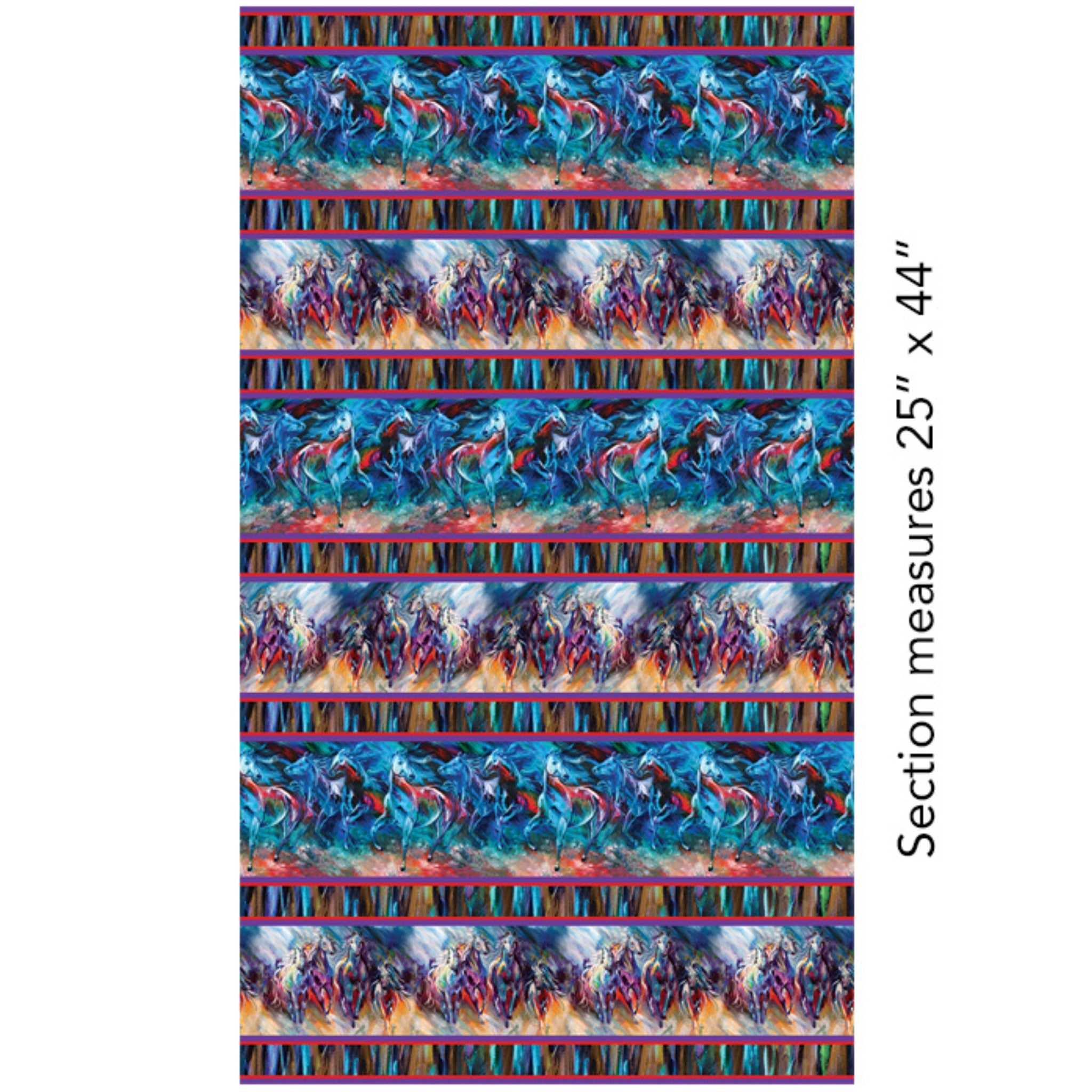 Watercolour horses stripe fabric turquoise red purple multicolour brushstrokes fabric for horse-themed quilts borders and cushions