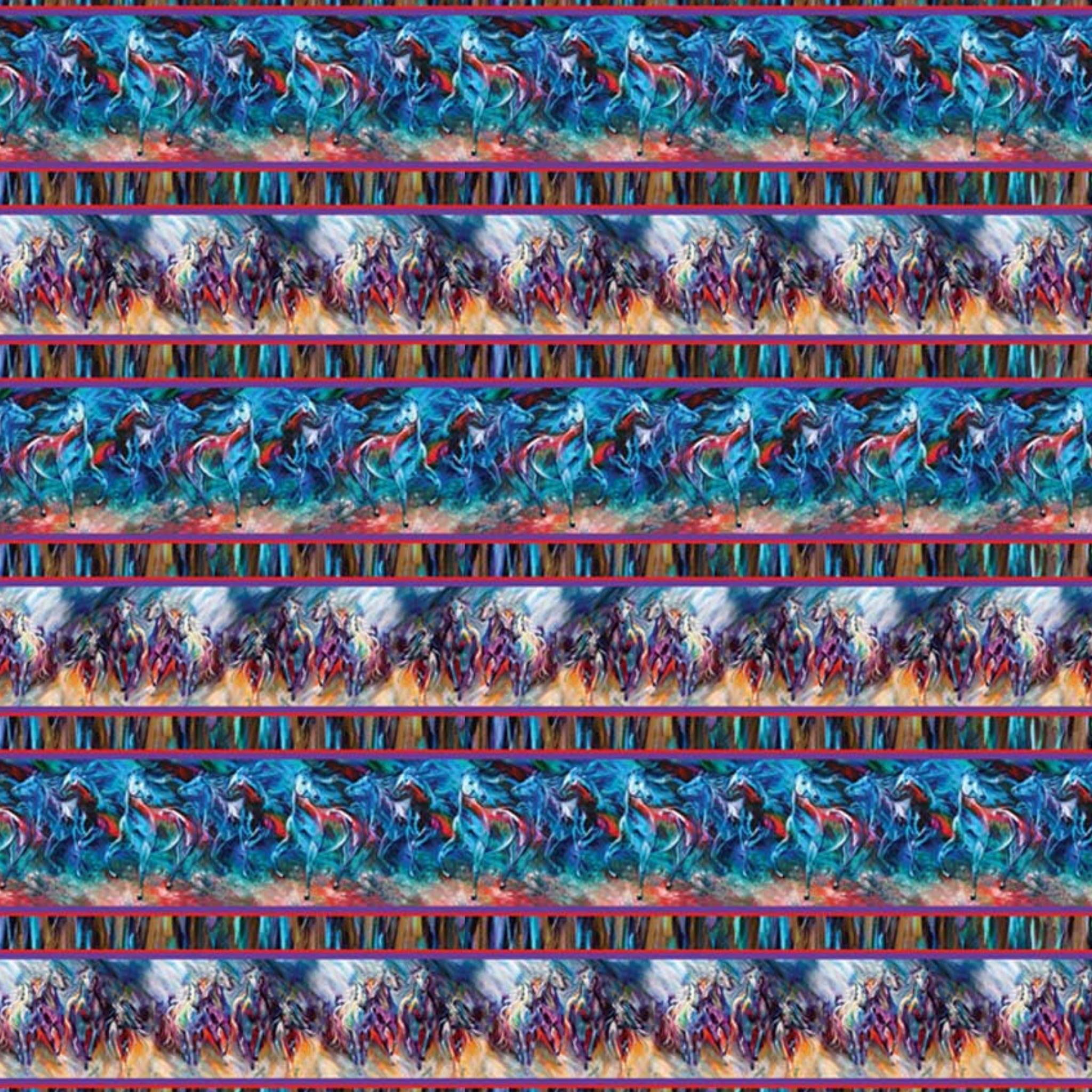 Watercolour horses stripe fabric turquoise red purple multicolour brushstrokes fabric for horse-themed quilts borders and cushions