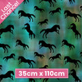 Black horse silhouettes jade green turquoise watercolour fabric for horse-themed quilts cushions and tote bags