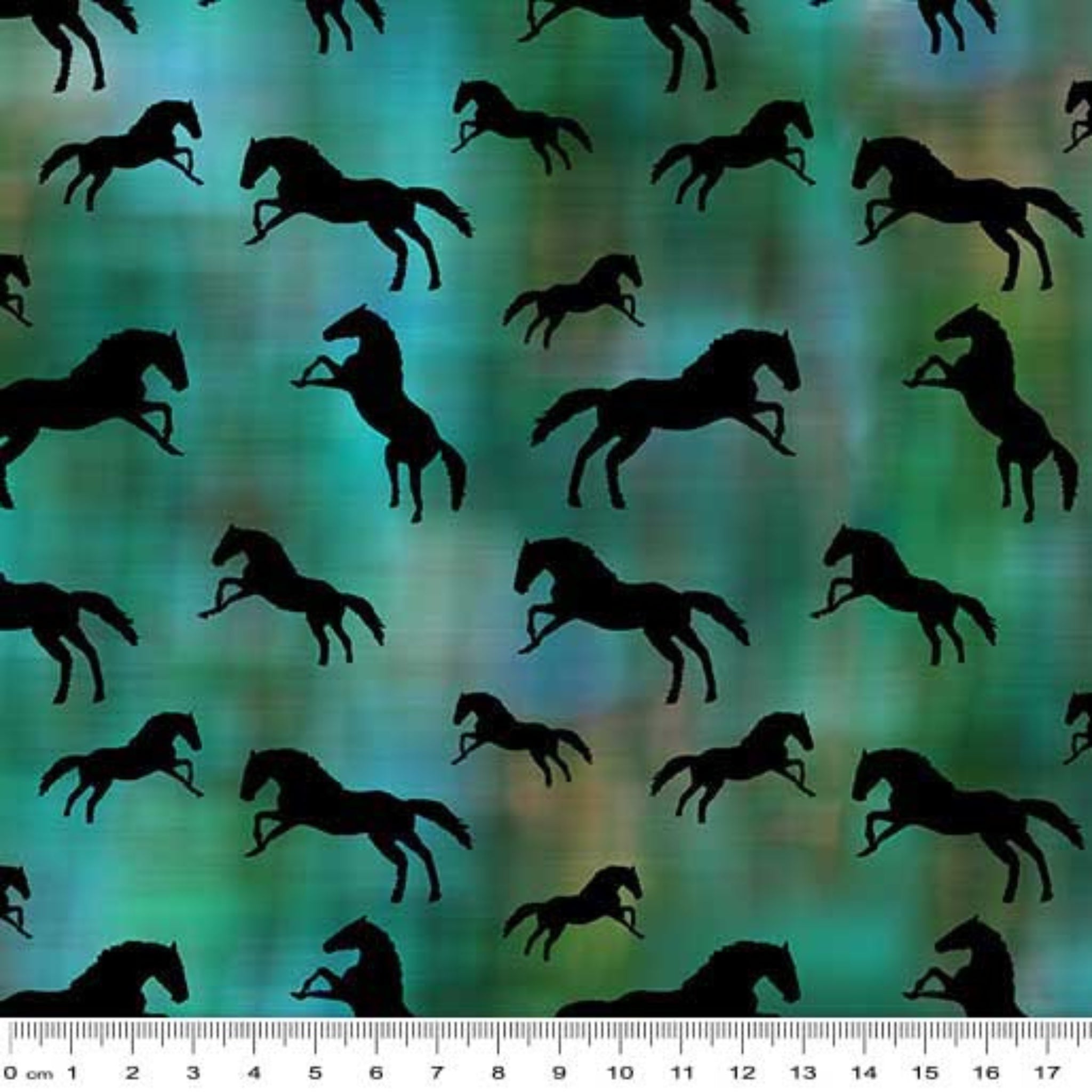 Black horse silhouettes jade green turquoise watercolour fabric for horse-themed quilts cushions and tote bags