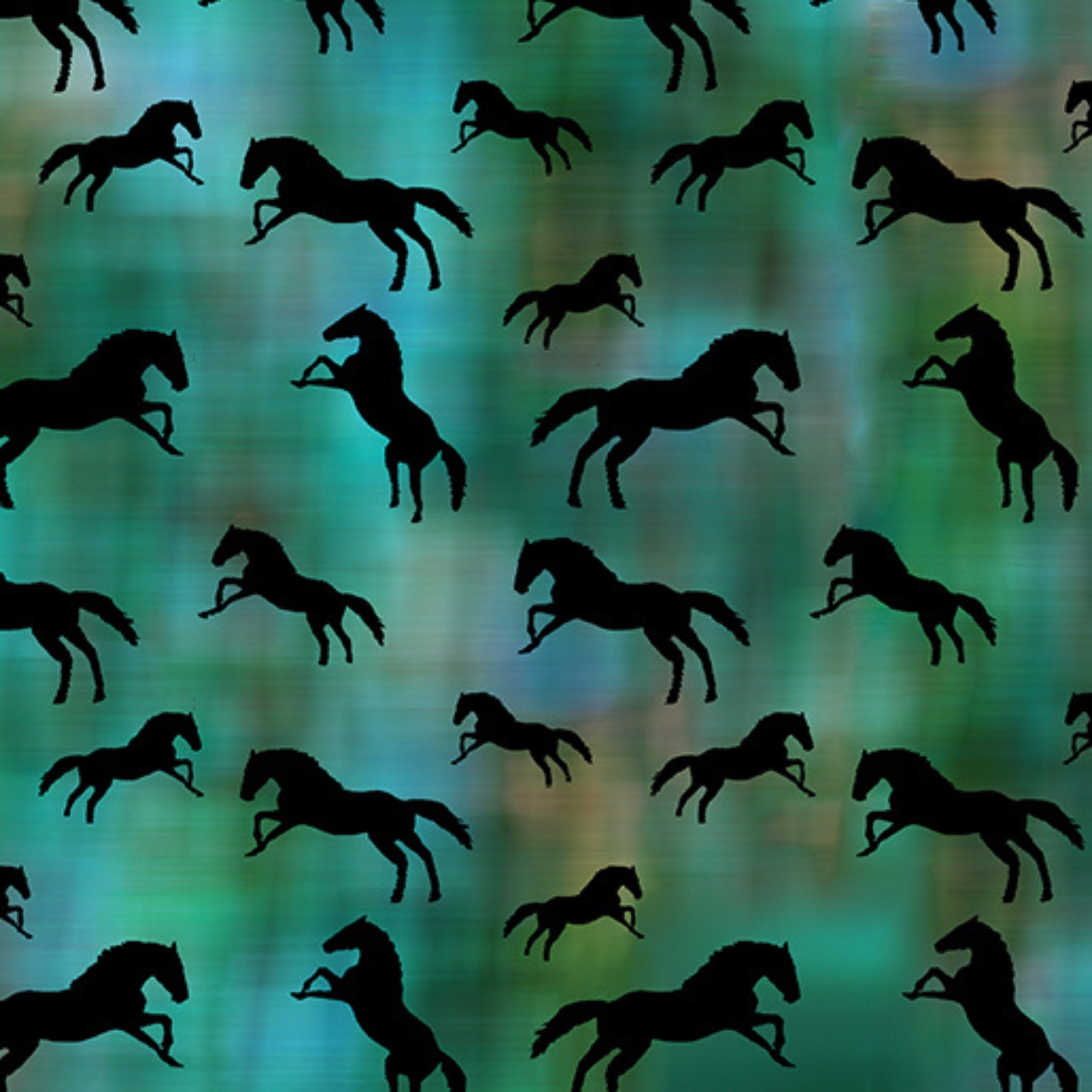 Black horse silhouettes jade green turquoise watercolour fabric for horse-themed quilts cushions and tote bags