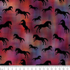 Black horse silhouettes red purple pink watercolour fabric for horse-themed quilts cushions and tote bags