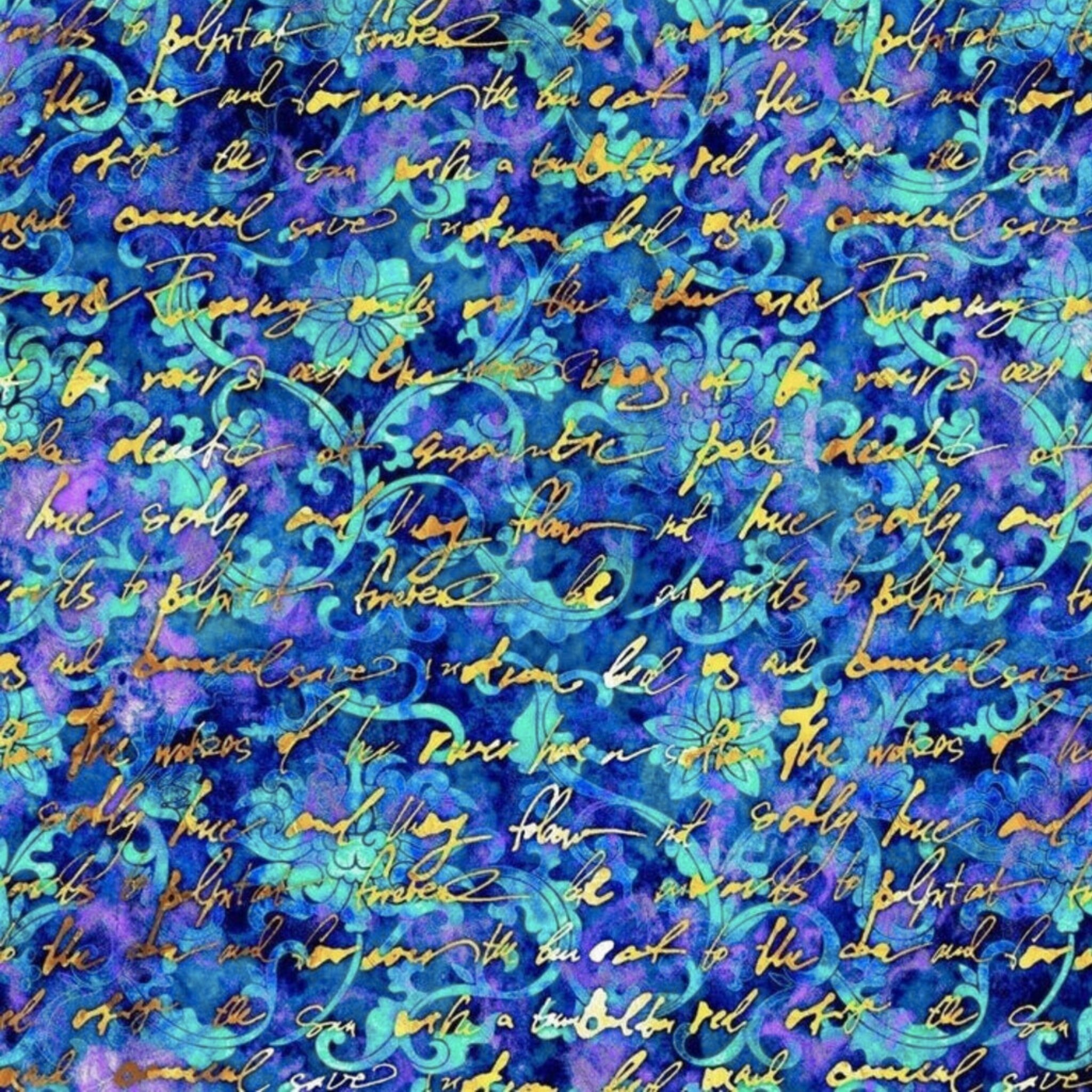 Elegant scrollwork turquoise purple violet gold script writing fabric for quilts home décor and patchwork sewing projects