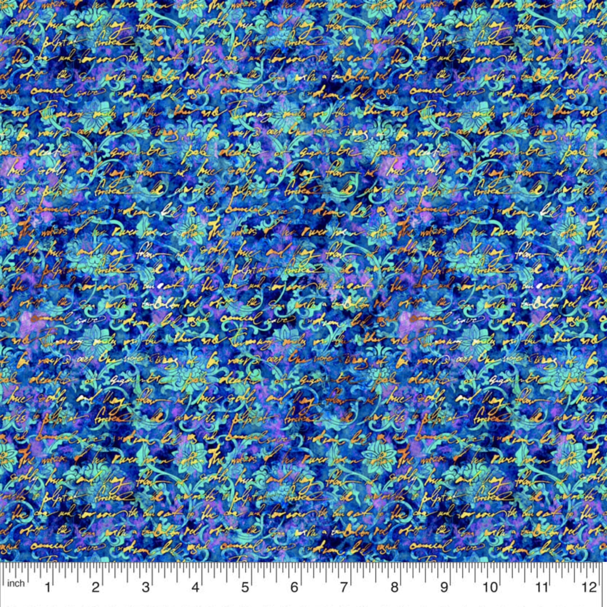 Elegant scrollwork turquoise purple violet gold script writing fabric for quilts home décor and patchwork sewing projects