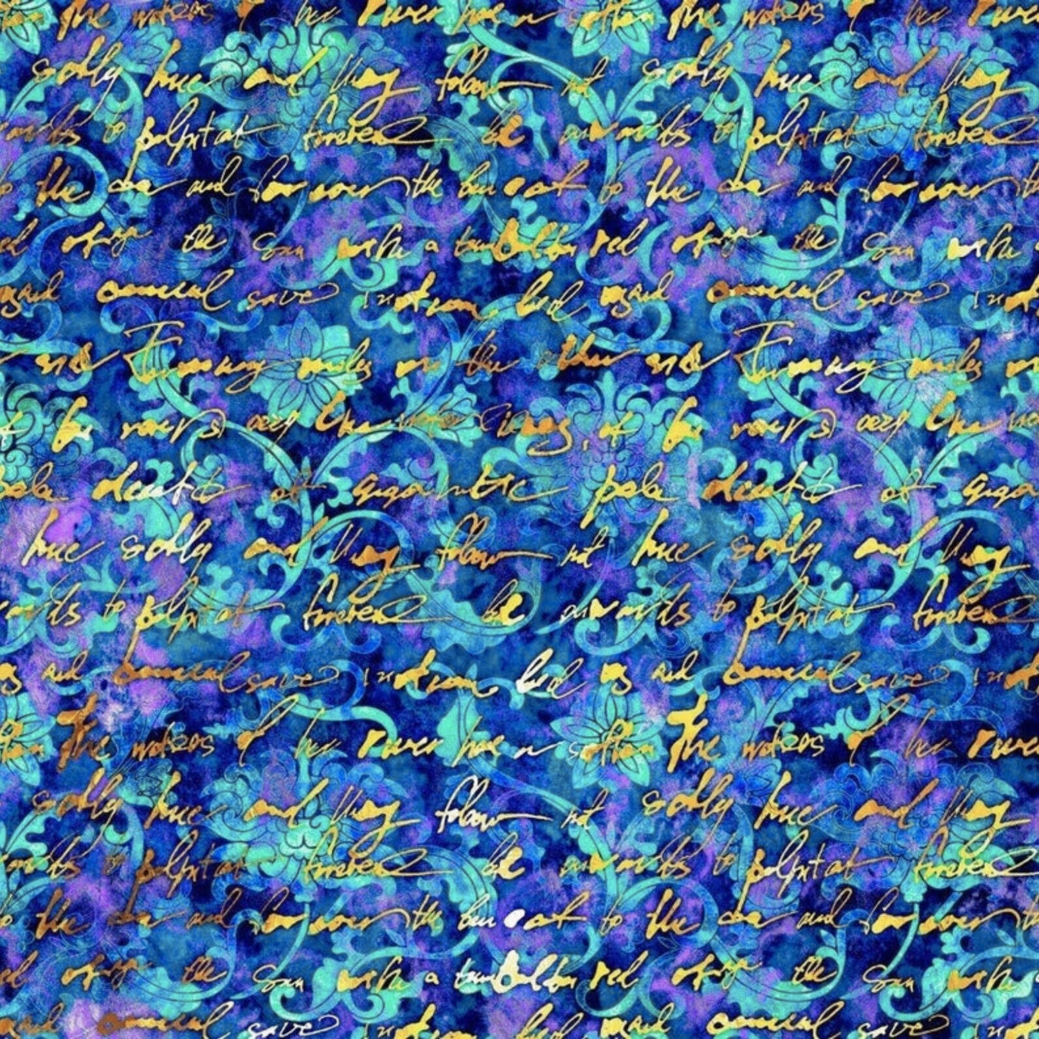 Elegant scrollwork turquoise purple violet gold script writing fabric for quilts home décor and patchwork sewing projects