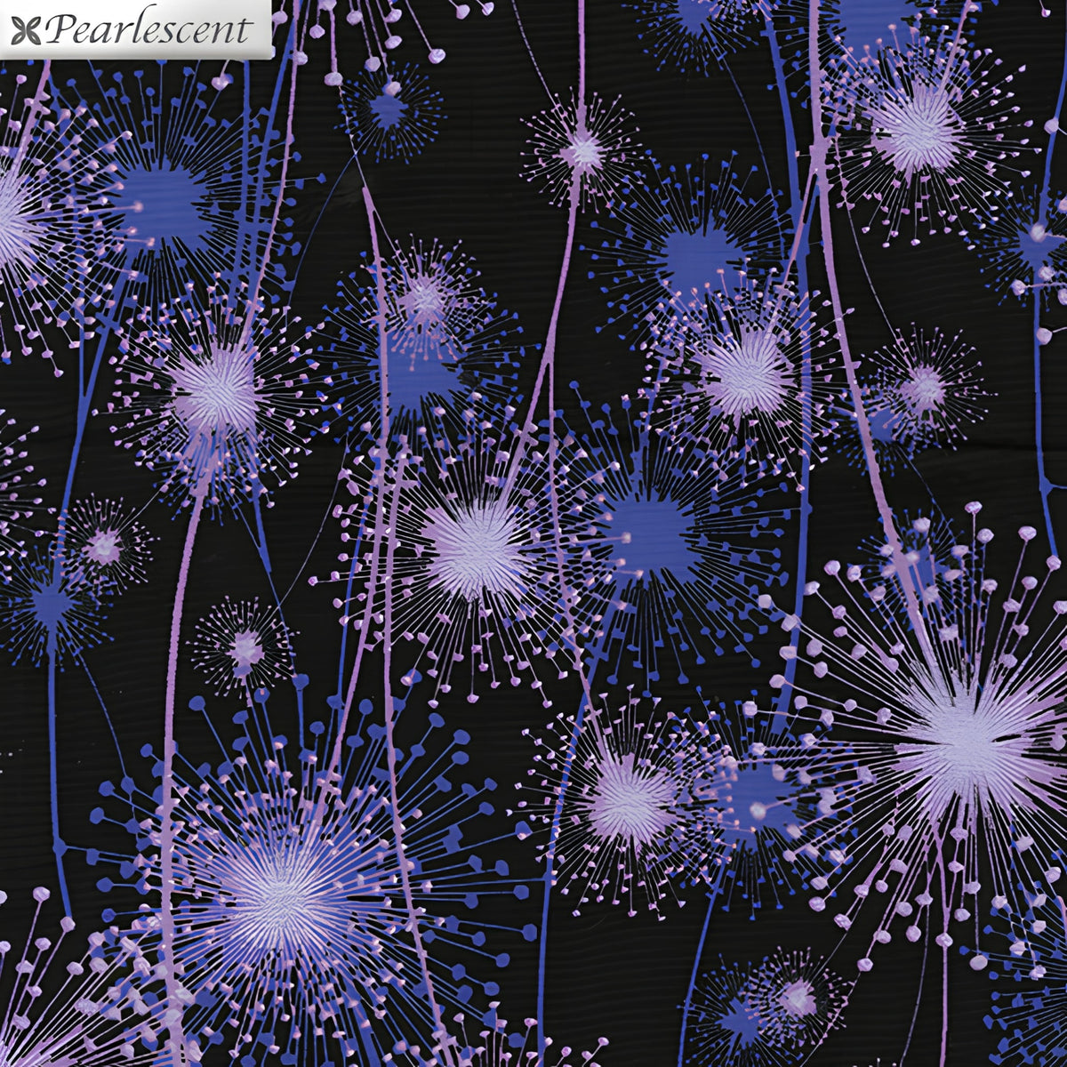 Purple lavender dandelion seed heads pearlescent shimmer black background quilting fabric elegant quilts cushions table runners