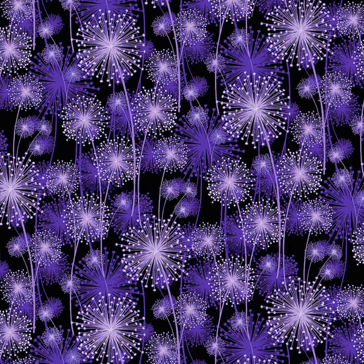 Purple lavender dandelion seed heads pearlescent shimmer black background quilting fabric elegant quilts cushions table runners