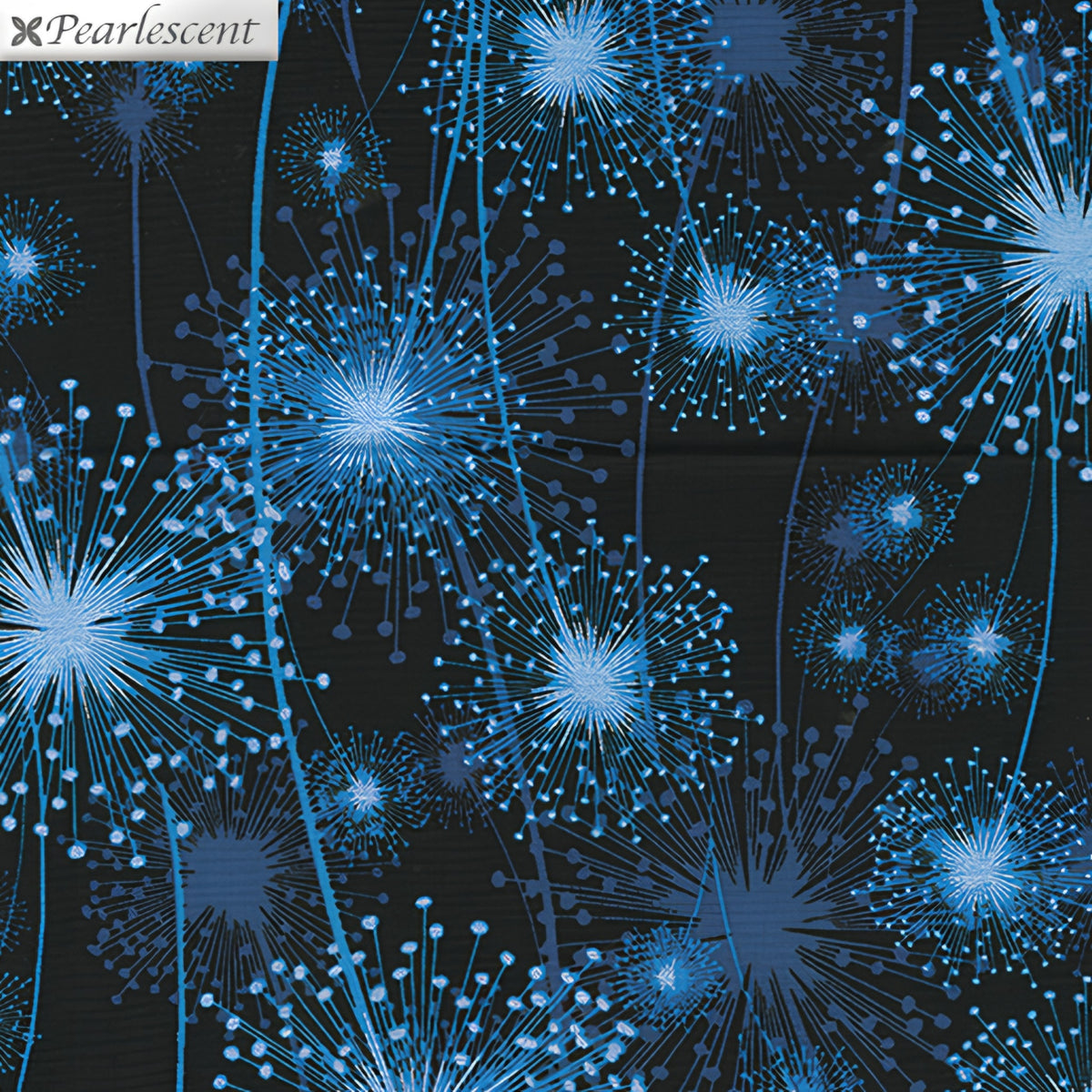 Cobalt electric blue dandelion seed heads pearlescent shimmer black background quilting fabric elegant quilts cushions table runners