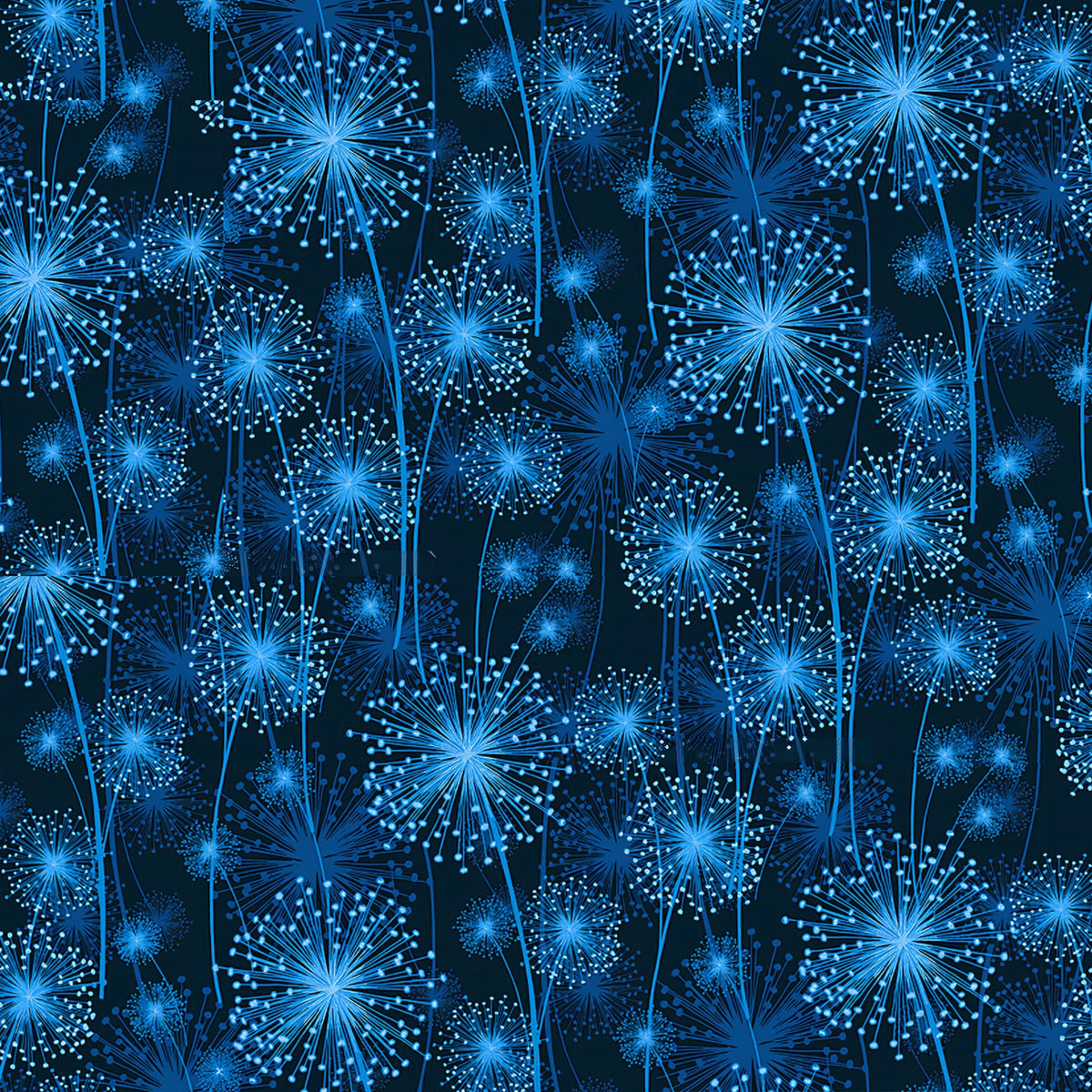 Cobalt electric blue dandelion seed heads pearlescent shimmer black background quilting fabric elegant quilts cushions table runners