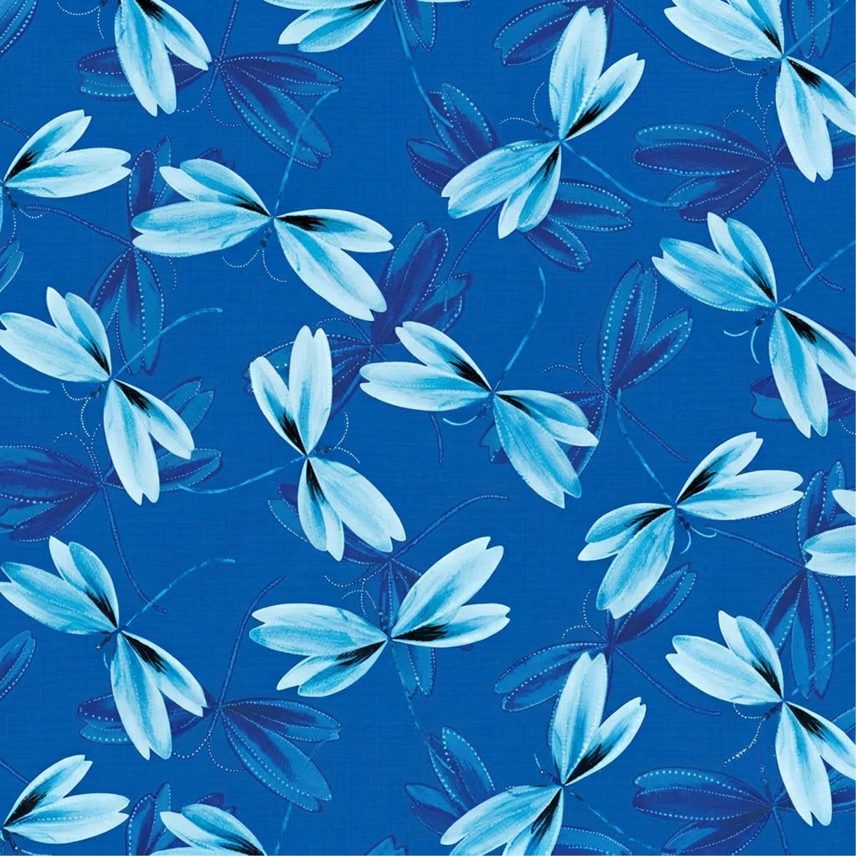Ice blue dragonflies pearlescent dot details peacock blue background quilting fabric dragonfly lovers patchwork sewing projects