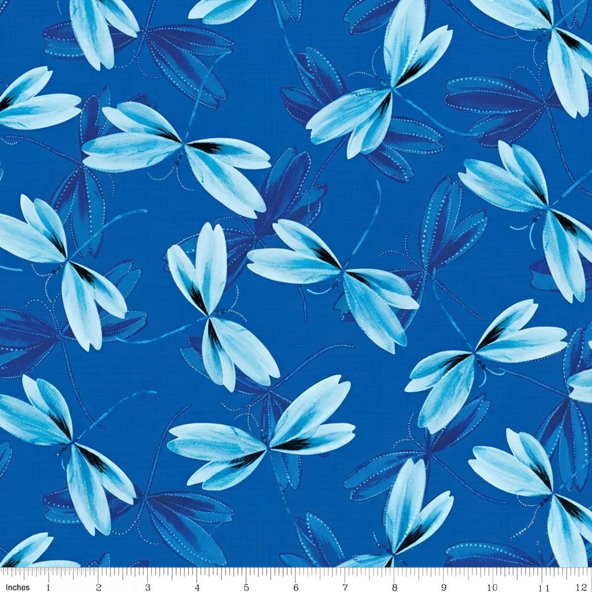 Ice blue dragonflies pearlescent dot details peacock blue background quilting fabric dragonfly lovers patchwork sewing projects