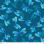 Blue dragonflies pearlescent dot details dark teal background quilting fabric dragonfly lovers patchwork sewing projects
