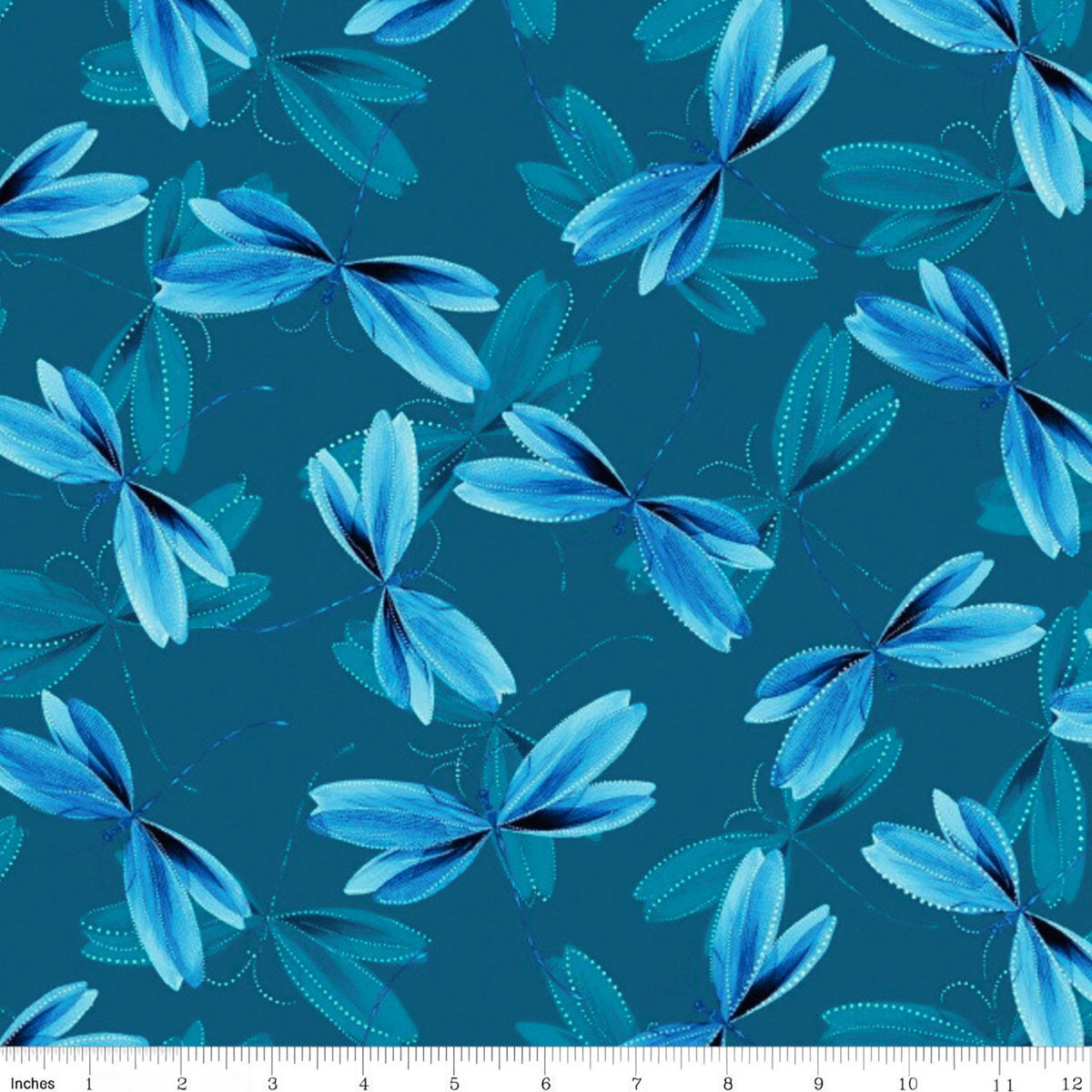 Blue dragonflies pearlescent dot details dark teal background quilting fabric dragonfly lovers patchwork sewing projects