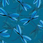 Blue dragonflies pearlescent dot details dark teal background quilting fabric dragonfly lovers patchwork sewing projects