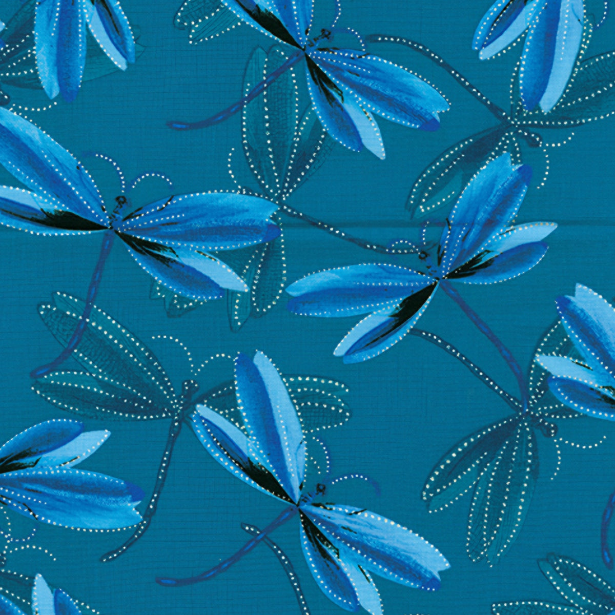 Blue dragonflies pearlescent dot details dark teal background quilting fabric dragonfly lovers patchwork sewing projects