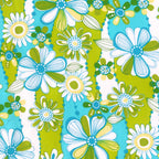 Retro mod daisies aqua lime green turquoise yellow fabric for 60s 70s themed quilts tote bags patchwork sewing projects