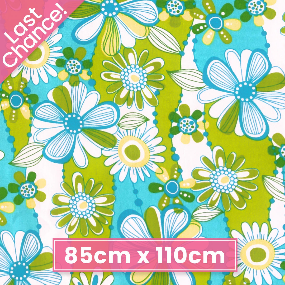 Retro mod daisies aqua lime green turquoise yellow fabric for 60s 70s themed quilts tote bags patchwork sewing projects