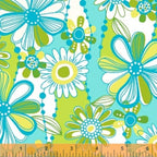 Retro mod daisies aqua lime green turquoise yellow fabric for sixties seventies quilts bags patchwork sewing
