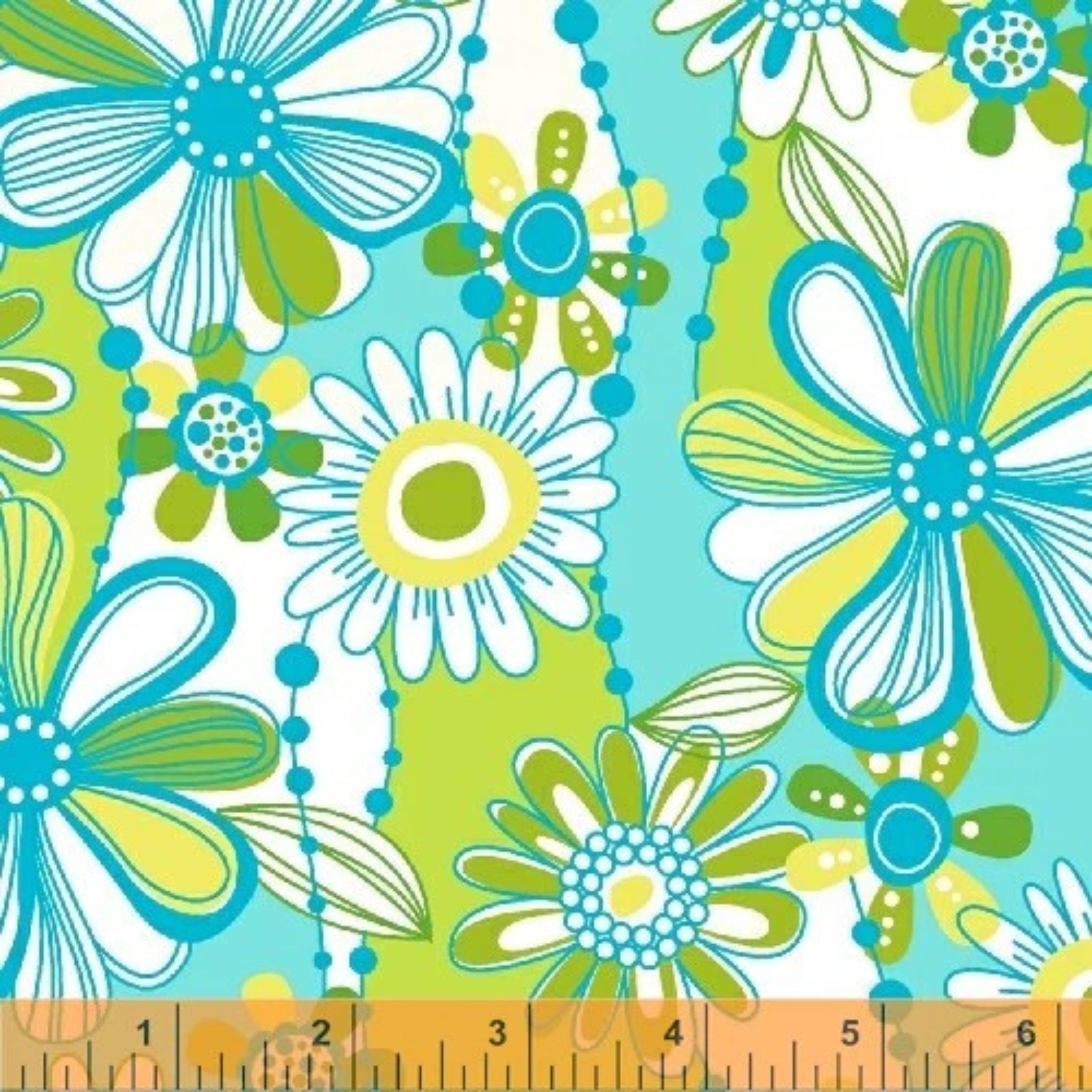 Retro mod daisies aqua lime green turquoise yellow fabric for sixties seventies quilts bags patchwork sewing