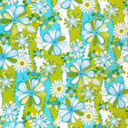 Groovy mod daisies aqua lime green turquoise yellow fabric for 60s 70s themed quilts tote bags patchwork sewing projects