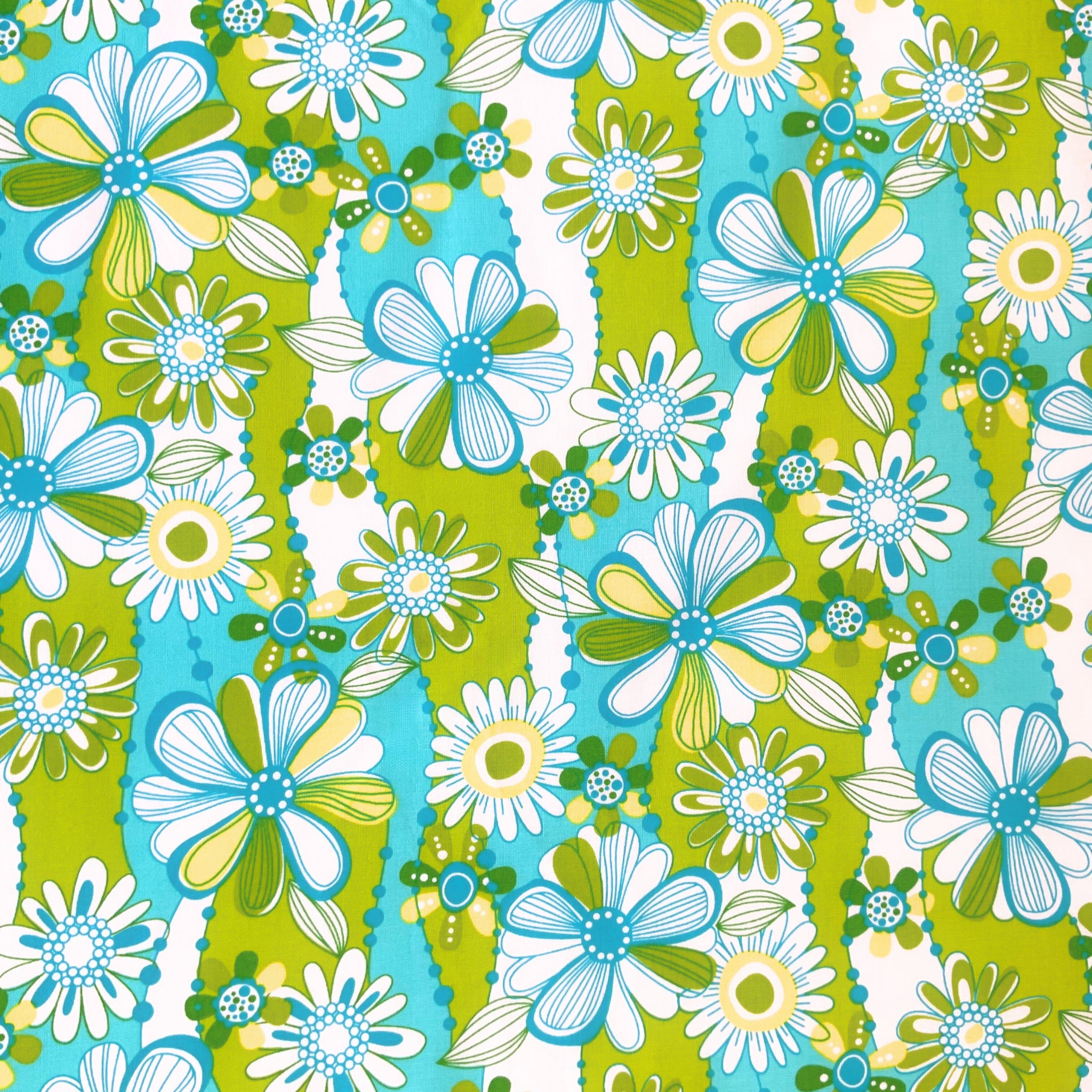 Groovy mod daisies aqua lime green turquoise yellow fabric for 60s 70s themed quilts tote bags patchwork sewing projects
