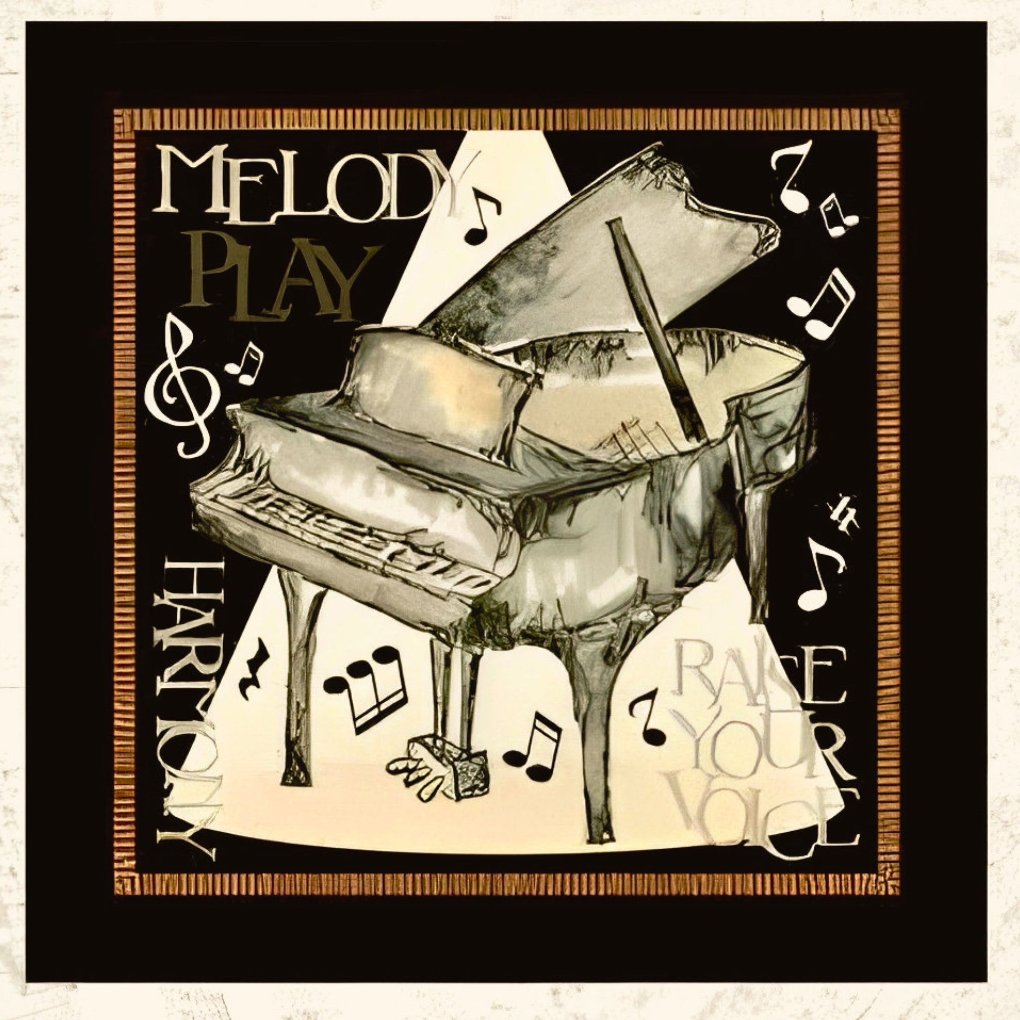 Play Your Song grand piano Melody Harmony Raise Your Voice music notes black cream novelty music panel block