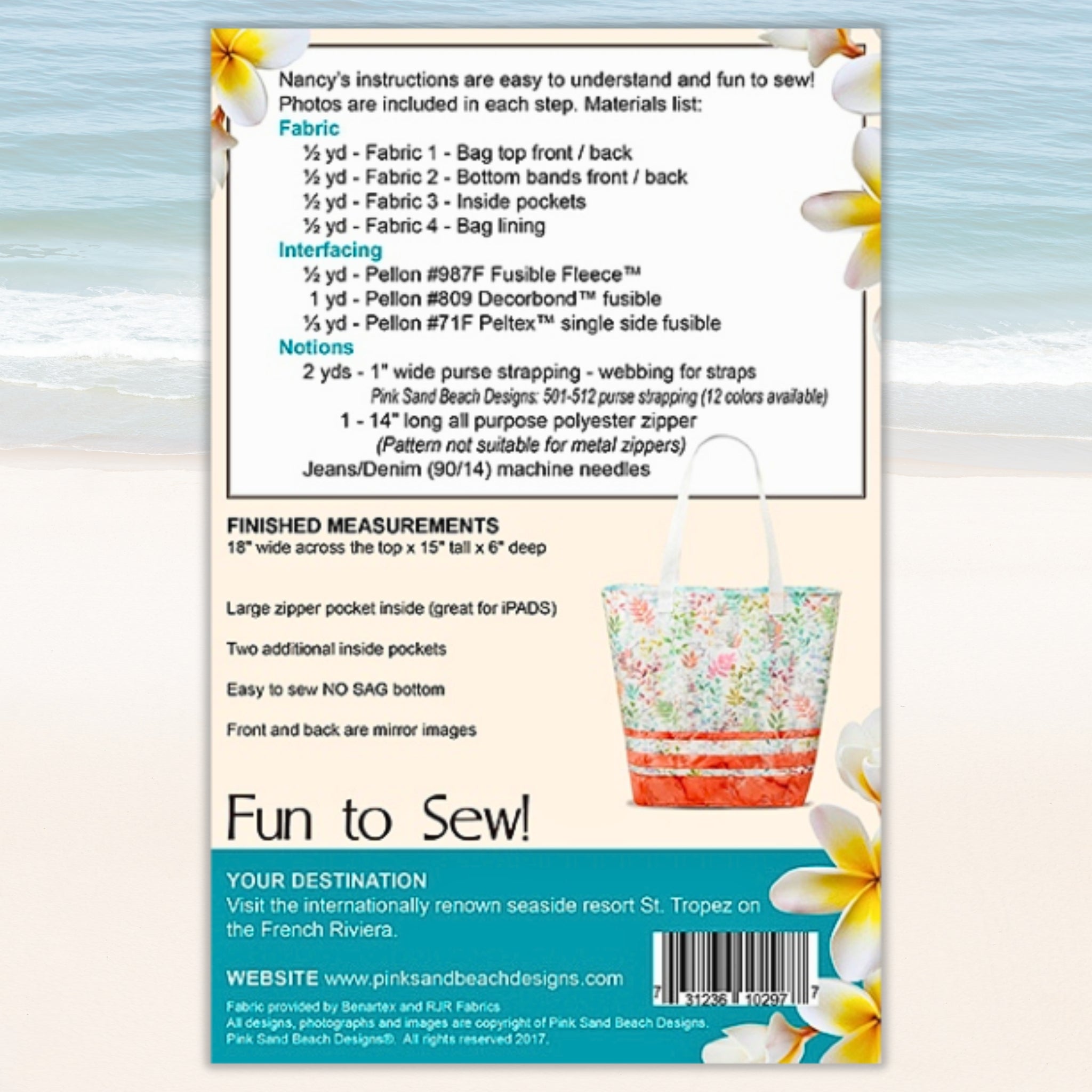 St Tropez tote bag sewing pattern spacious everyday bag with zipper pockets for quilting and patchwork sewing