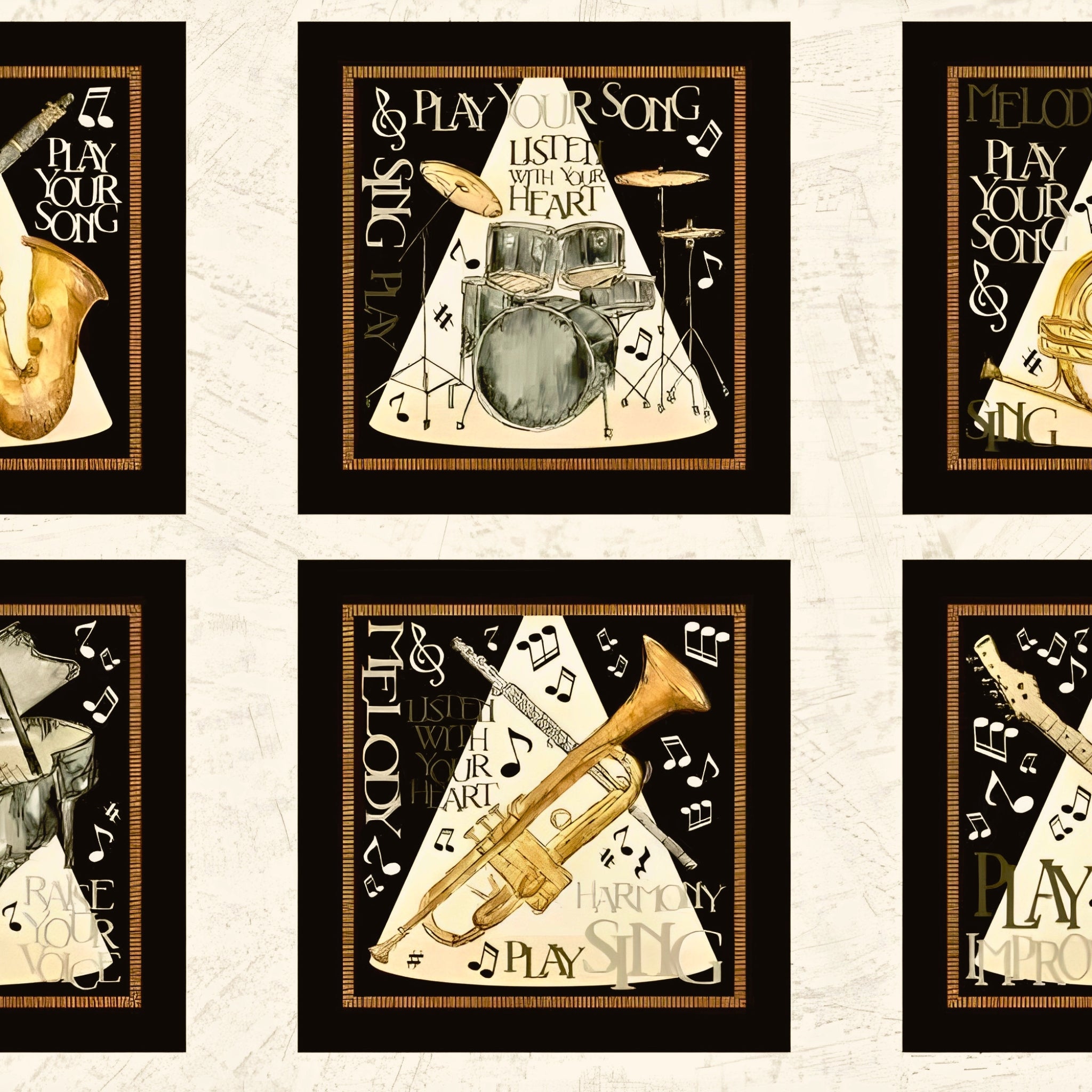 Play Your Song saxophone clarinet music notes black cream gold novelty music panel block