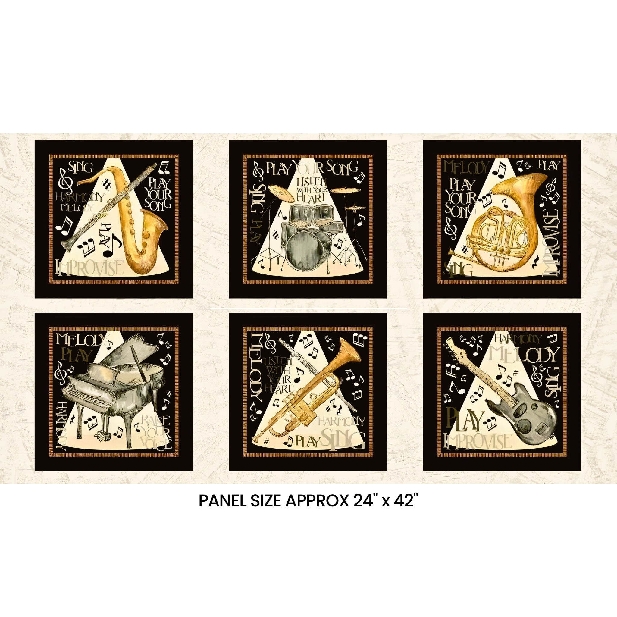 Play Your Song musical instruments panel 24" x 42" saxophone drums French horn grand piano trumpet guitar black cream gold novelty music quilting fabric