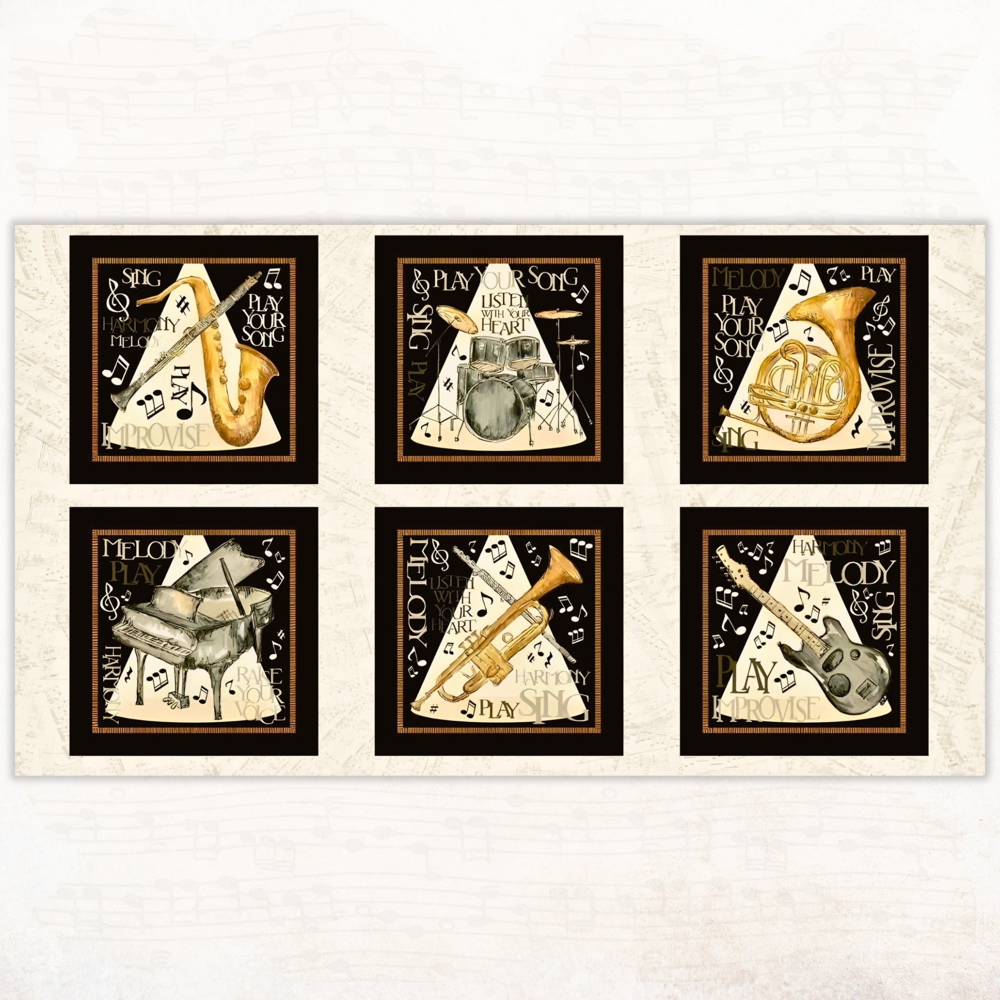 Play Your Song musical instruments panel saxophone drums French horn grand piano trumpet guitar black cream gold novelty music quilting fabric