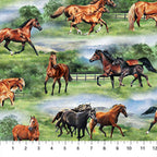 Horses running lush green pastures rolling hills fences fabric for horse-themed quilts and Western projects