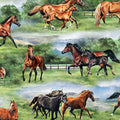 Horses running lush green pastures rolling hills fences fabric for horse-themed quilts and Western projects