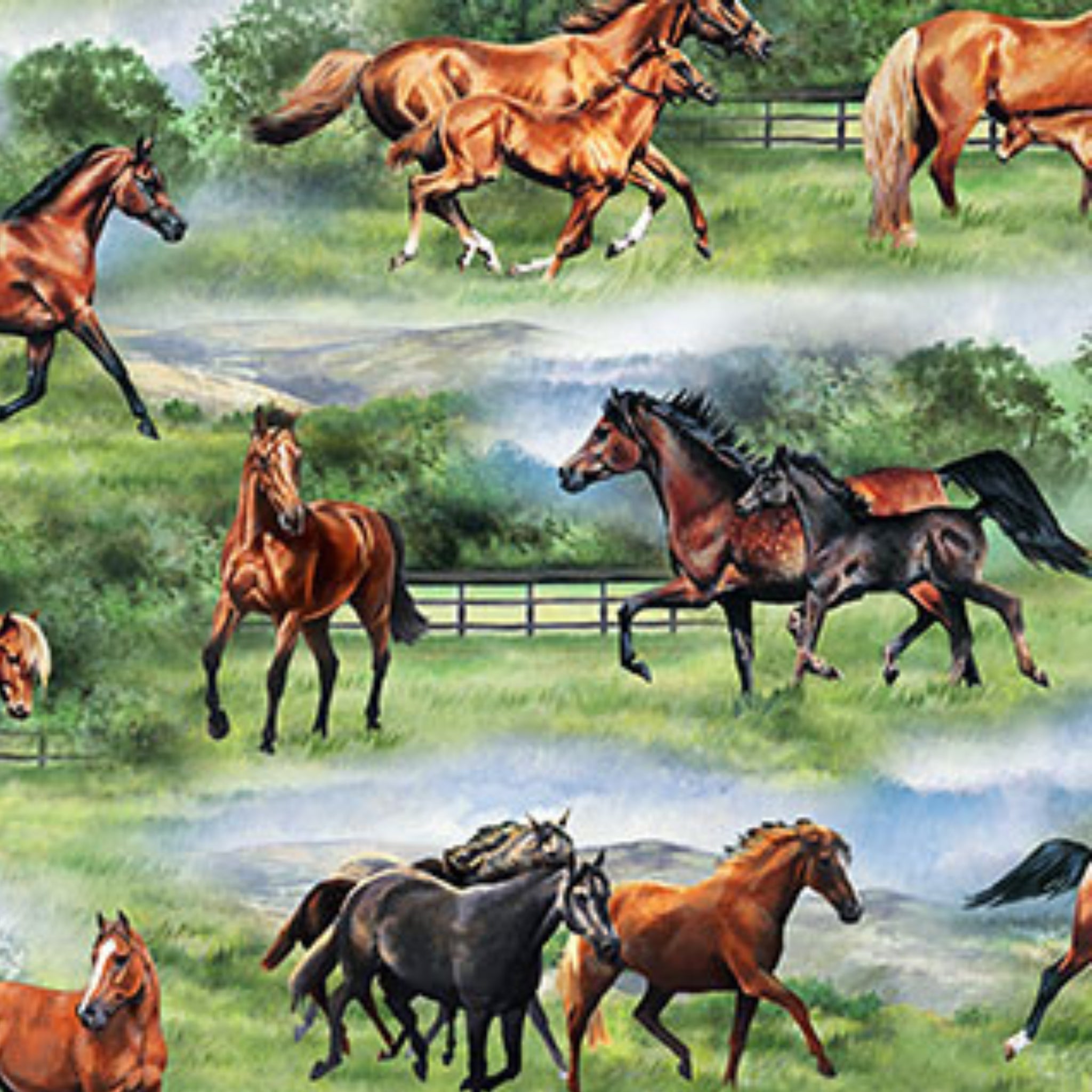Horses running lush green pastures rolling hills fences fabric for horse-themed quilts and Western projects